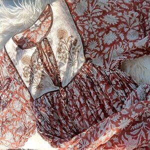 Daughters of India Diya Ivory Yoke Tie Front Chestnust Rust Floral Mini Dress